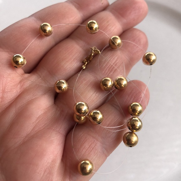 14K Real Yellow Gold Bead Invisible Necklace - Picture 1 of 9